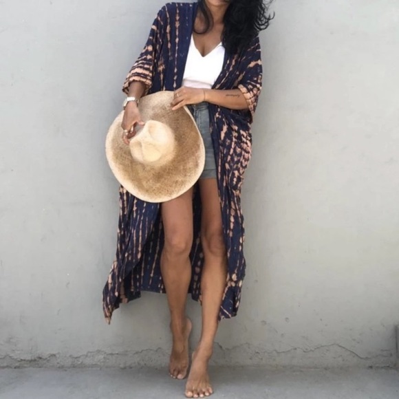 Navy Tie Dye Boho Swim Coverup Kimono Robe - Picture 6 of 8